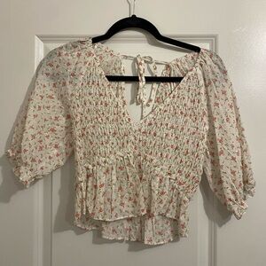 Floral Smocked White Cropped Blouse